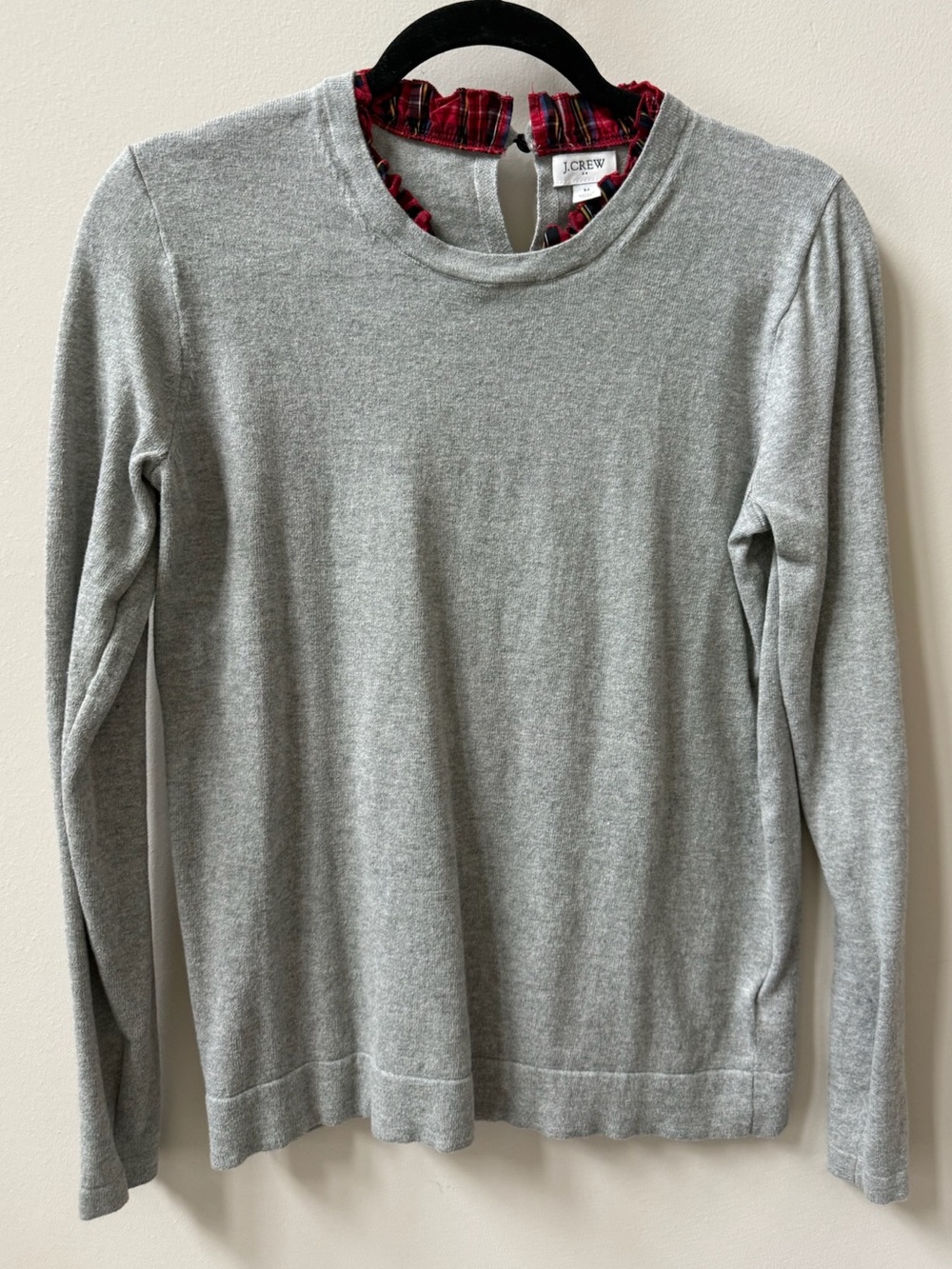J. Crew Gray Crewneck Sweater with Red Plaid Ruffle Trim Size Medium